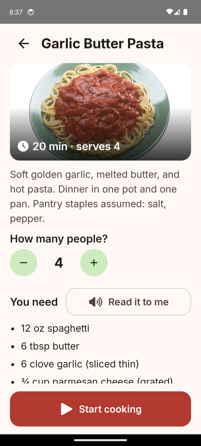 Recipe detail with a large photo, a servings adjuster and a Read it to me button