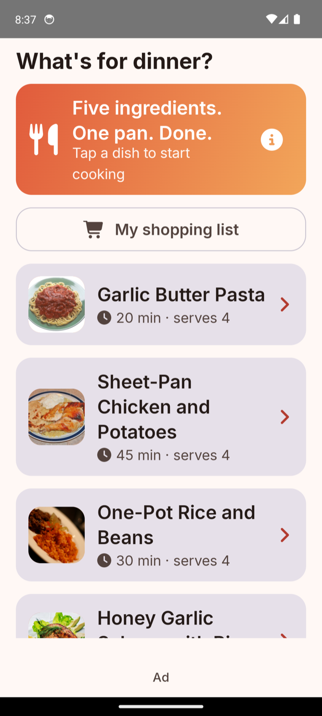 A 5-Ingredient Dinners recipe list with food photos, cook times and servings
